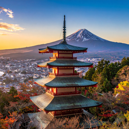 During a private tour of the Fuji-Q Highland amusement park, Mount Fuji is visible in the distance.