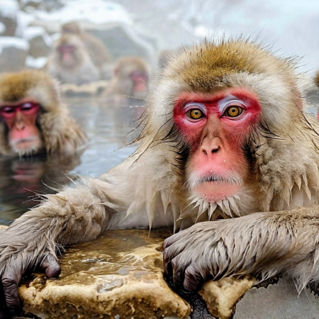 At Nagano Snow Monkey Park, Japanese snow monkeys unwind in the hot spring.